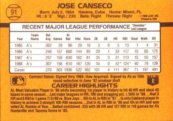 1989 Donruss #91 Jose Canseco Back