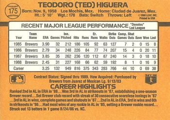1989 Donruss #175 Ted Higuera Back