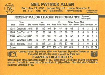 1989 Donruss #196 Neil Allen Back