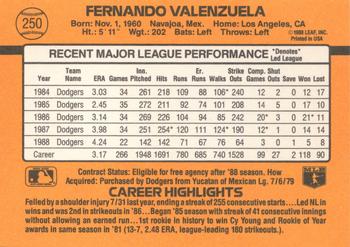 1989 Donruss #250 Fernando Valenzuela Back