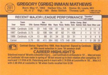 1989 Donruss #281 Greg Mathews Back
