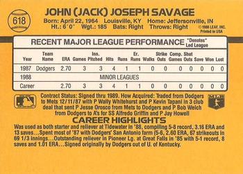 1989 Donruss #618 Jack Savage Back