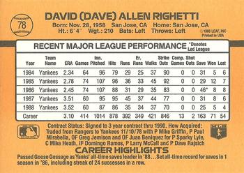 1989 Donruss #78 Dave Righetti Back
