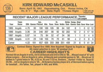 1989 Donruss #136 Kirk McCaskill Back