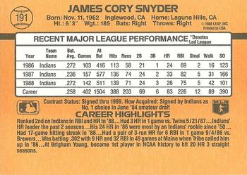 1989 Donruss #191 Cory Snyder Back