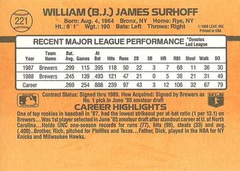 1989 Donruss #221 B.J. Surhoff Back