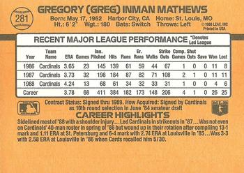 1989 Donruss #281 Greg Mathews Back