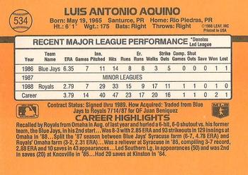 1989 Donruss #534 Luis Aquino Back