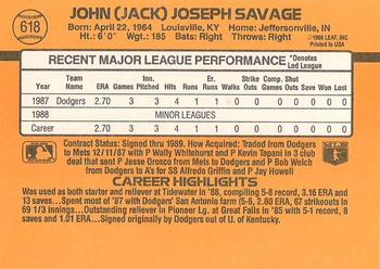 1989 Donruss #618 Jack Savage Back