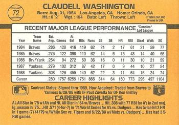 1989 Donruss #72 Claudell Washington Back