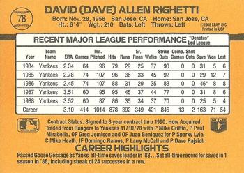 1989 Donruss #78 Dave Righetti Back