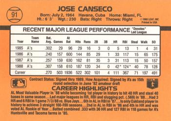 1989 Donruss #91 Jose Canseco Back