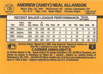 1989 Donruss #138 Andy Allanson Back