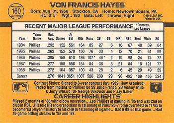 1989 Donruss #160 Von Hayes Back