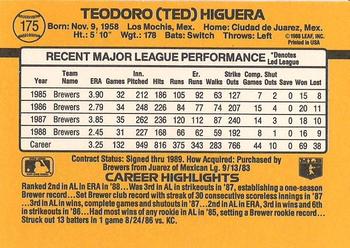 1989 Donruss #175 Ted Higuera Back