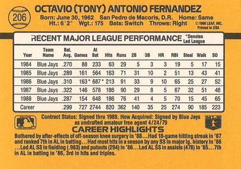 1989 Donruss #206 Tony Fernandez Back