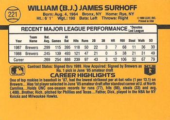 1989 Donruss #221 B.J. Surhoff Back