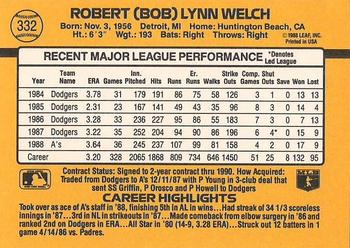 1989 Donruss #332 Bob Welch Back