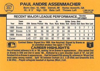 1989 Donruss #357 Paul Assenmacher Back