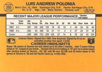 1989 Donruss #386 Luis Polonia Back