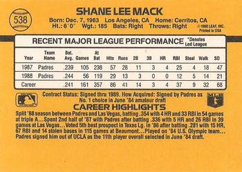 1989 Donruss #538 Shane Mack Back