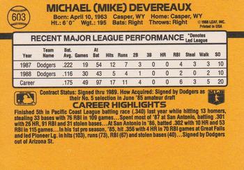 1989 Donruss #603 Mike Devereaux Back