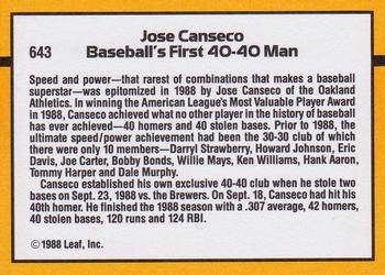 1989 Donruss #643 Jose Canseco Back