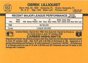 1989 Donruss #653 Derek Lilliquist Back