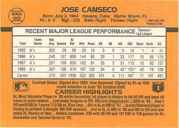 1989 Donruss #BONUS CARD Jose Canseco Back