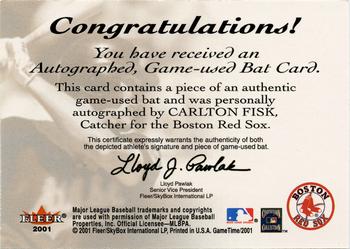 2001 Fleer Game Time - Famers Lumber Autographs #7 Carlton Fisk  Back