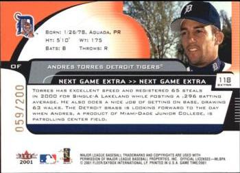 2001 Fleer Game Time - Next Game Extra #118 Andres Torres  Back