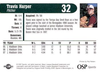 1998 OSP Sports Hudson Valley Renegades #NNO Travis Harper Back