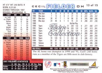 1998 Score New York Yankees #13 Cecil Fielder Back