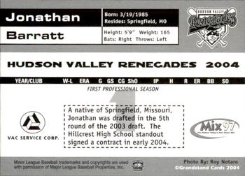 2004 Grandstand Hudson Valley Renegades #NNO Jonathan Barratt Back