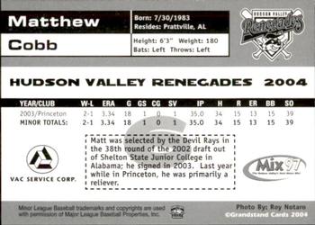 2004 Grandstand Hudson Valley Renegades #NNO Matthew Cobb Back