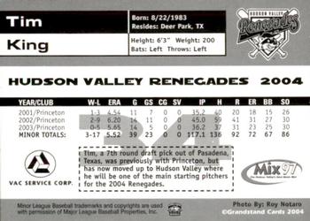 2004 Grandstand Hudson Valley Renegades #NNO Tim King Back