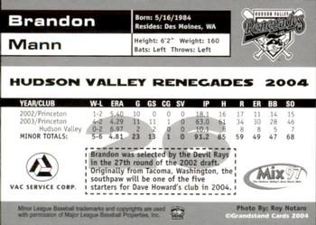 2004 Grandstand Hudson Valley Renegades #NNO Brandon Mann Back