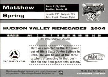 2004 Grandstand Hudson Valley Renegades #NNO Matthew Spring Back