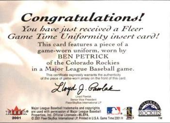 2001 Fleer Game Time - Uniformity #NNO Ben Petrick  Back