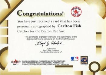 2001 Fleer Greats of the Game - Autographs #NNO Carlton Fisk Back