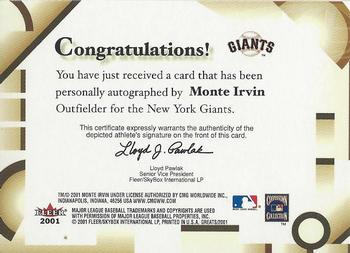 2001 Fleer Greats of the Game - Autographs #NNO Monte Irvin Back