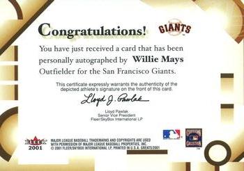 2001 Fleer Greats of the Game - Autographs #NNO Willie Mays Back