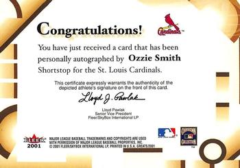 2001 Fleer Greats of the Game - Autographs #NNO Ozzie Smith Back
