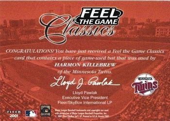 2001 Fleer Greats of the Game - Feel the Game Classics #NNO Harmon Killebrew Back