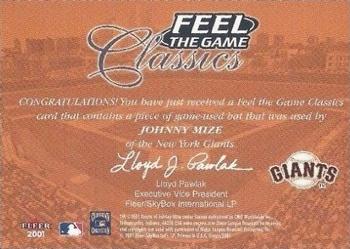 2001 Fleer Greats of the Game - Feel the Game Classics #NNO Johnny Mize Back