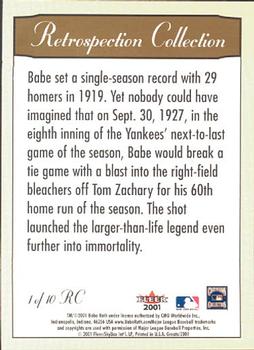 2001 Fleer Greats of the Game - Retrospection Collection #1 RC Babe Ruth Back