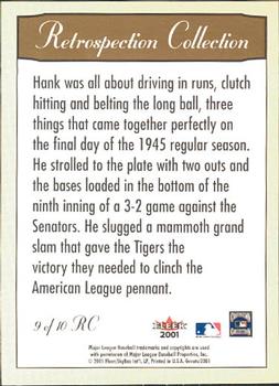 2001 Fleer Greats of the Game - Retrospection Collection #9 RC Hank Greenberg Back