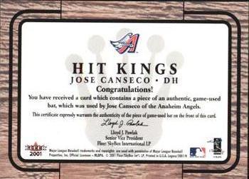 2001 Fleer Legacy - Hit Kings #NNO Jose Canseco  Back
