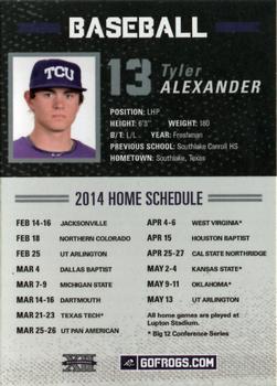 2014 TCU Horned Frogs Schedule Cards #NNO Tyler Alexander Back