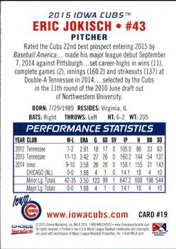 2015 Choice Iowa Cubs #19 Eric Jokisch Back